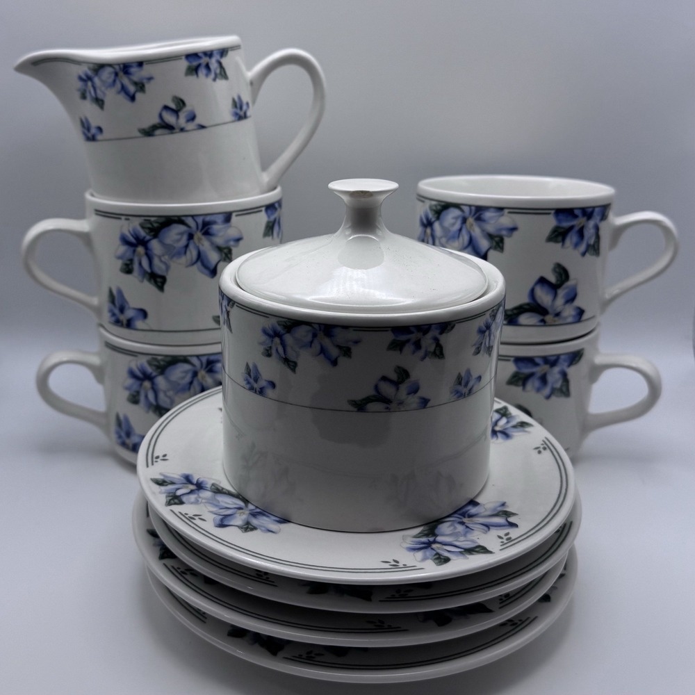 Sango Stoneware Summerwind Creamer Sugar Bowl w/Cover Cups Saucers Retired